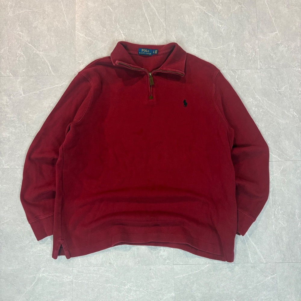 Polo Ralph Lauren Mens Large Burgundy Red Quarter Zip Pullover Cotton Sweater